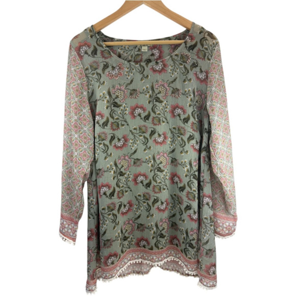 One World Green Floral Lined Sequin Tassel Sheer Blouse Sz L Boho Festival Beach - Picture 1 of 10